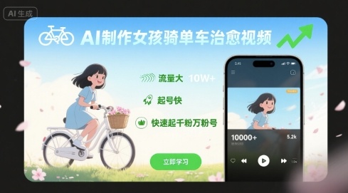 AI制作女孩骑单车治愈视频，流量大，起号快，快速起千粉万粉号网赚库-项目库-轻创网-中创网-福缘网-冒泡网-资源之家-魔方项目库网赚库
