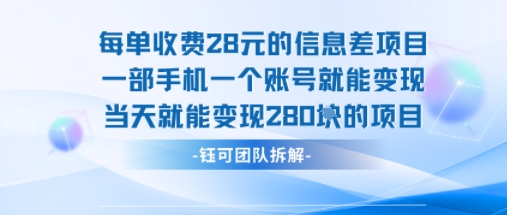 每单收费28米的项目单日能变现280左右 一部手机一个账号就能变现网赚库-项目库-轻创网-中创网-福缘网-冒泡网-资源之家-魔方项目库网赚库
