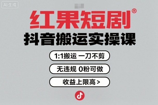 红果短剧拉新之抖音搬运实操课，1：1搬运，一刀不剪，无违规，0粉可做，收益上限高网赚库-项目库-轻创网-中创网-福缘网-冒泡网-资源之家-魔方项目库网赚库