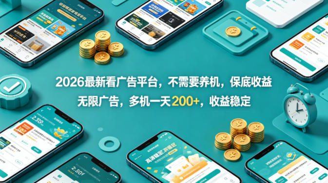 2026最新看广告平台,不需要养机,保底收益,无限广告,多机一天200+,收益稳定【揭秘】网赚库-项目库-轻创网-中创网-福缘网-冒泡网-资源之家-魔方项目库网赚库
