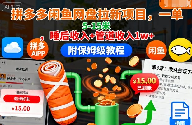 拼多多闲鱼网盘拉新项目，一单5-15米，睡后收入+管道收入1w+(附保姆级教程)网赚库-项目库-轻创网-中创网-福缘网-冒泡网-资源之家-魔方项目库网赚库