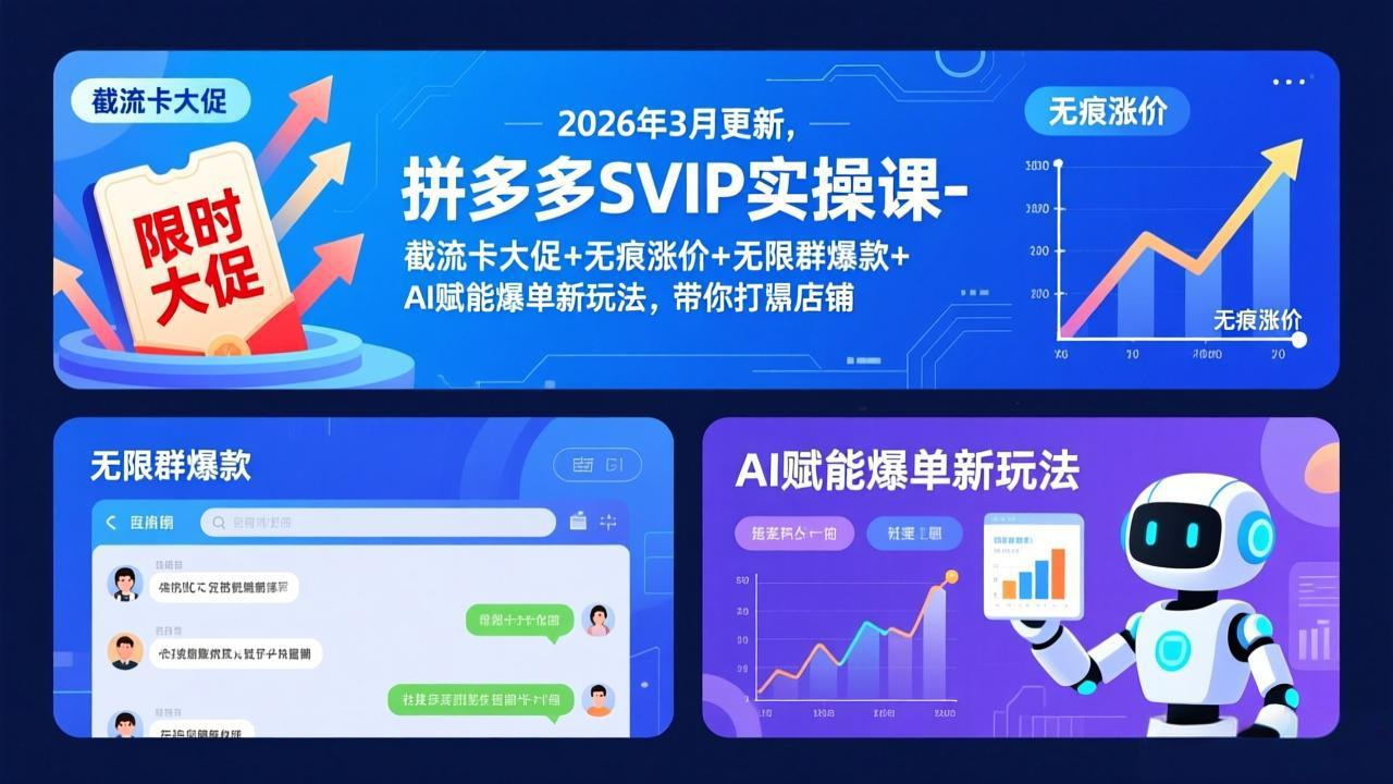 拼多多SVIP实操课-26年3月，截流卡大促+无痕涨价+无限群爆款+AI赋能爆单新玩法，带你打爆店铺网赚库-项目库-轻创网-中创网-福缘网-冒泡网-资源之家-魔方项目库网赚库
