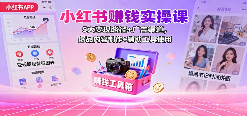 小红书赚钱实操课：5大变现路径+广告渠道，爆品内容制作+辅助工具使用网赚库-项目库-轻创网-中创网-福缘网-冒泡网-资源之家-魔方项目库网赚库