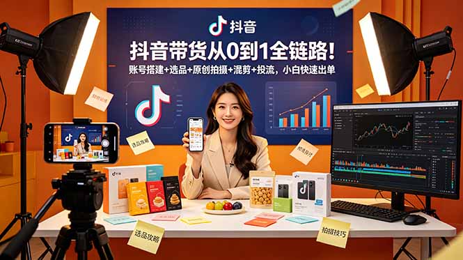 抖音带货从0到1全链路！账号搭建+选品+原创拍摄+混剪+投流，小白快速出单网赚库-项目库-轻创网-中创网-福缘网-冒泡网-资源之家-魔方项目库网赚库