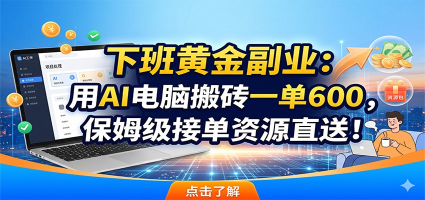 下班黄金副业：用AI电脑搬砖一单600，保姆级接单资源直送！网赚库-项目库-轻创网-中创网-福缘网-冒泡网-资源之家-魔方项目库网赚库