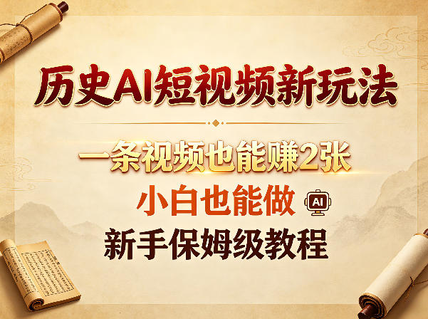 历史AI短视频新玩法,一条视频也能賺2张,小白也能做,新手保姆级教程网赚库-项目库-轻创网-中创网-福缘网-冒泡网-资源之家-魔方项目库网赚库