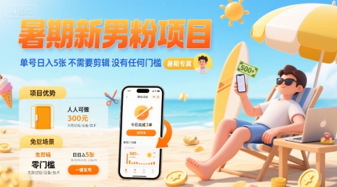 暑期新男粉项目 单号日入5张 不需要剪辑 没有任何门槛网赚库-项目库-轻创网-中创网-福缘网-冒泡网-资源之家-魔方项目库网赚库