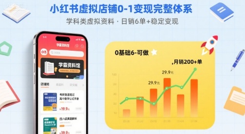 小红书虚拟店铺0-1变现完整体系：卖学科类虚拟资料，一天6张+，很稳定【已完结】网赚库-项目库-轻创网-中创网-福缘网-冒泡网-资源之家-魔方项目库网赚库