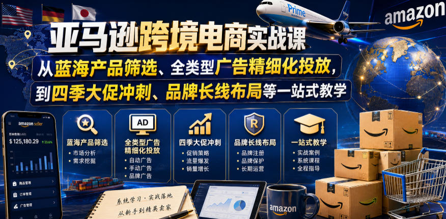 亚马逊跨境电商实战课,从蓝海产品筛选、全类型广告精细化投放,到四季大促冲刺、品牌长线布局等一站式教学网赚库-项目库-轻创网-中创网-福缘网-冒泡网-资源之家-魔方项目库网赚库