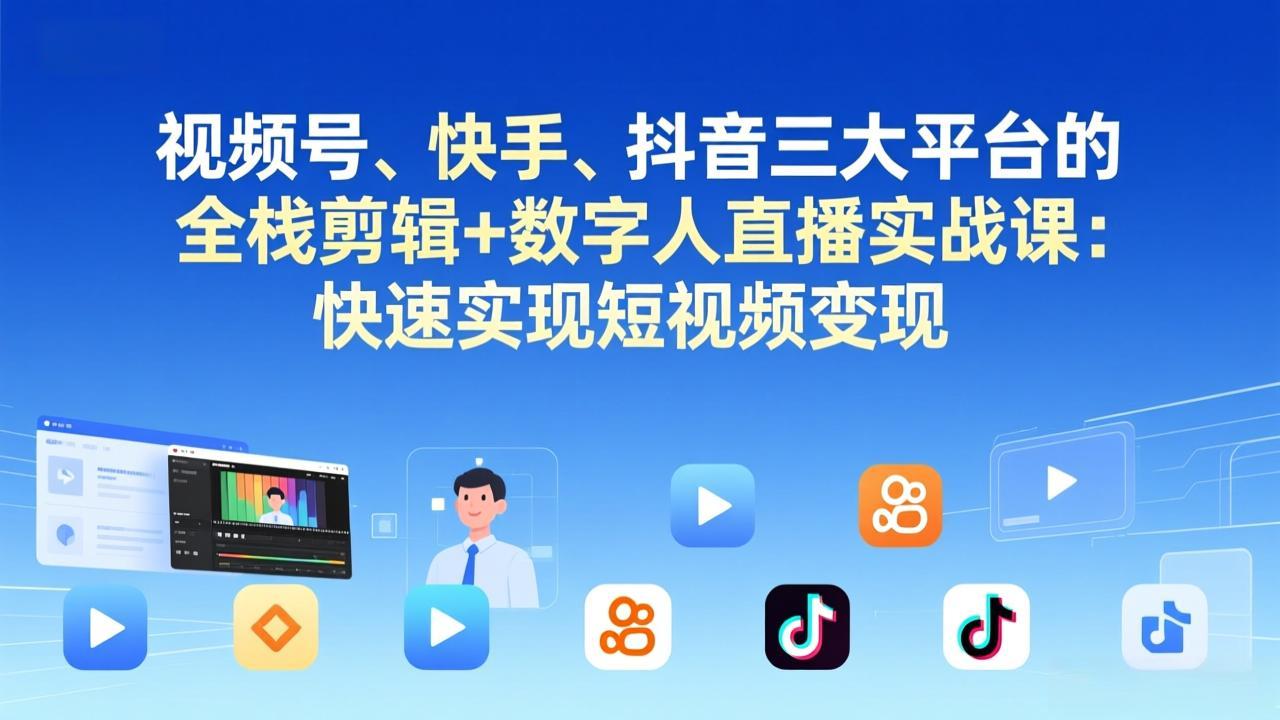 视频号+快手+抖音三大平台的全栈剪辑+数字人直播实战课-3月更新：快速实现短视频变现网赚库-项目库-轻创网-中创网-福缘网-冒泡网-资源之家-魔方项目库网赚库