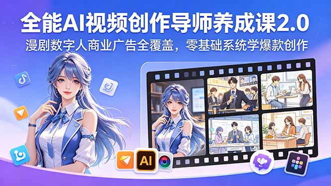 全能AI视频创作导师养成课2.0,漫剧数字人商业广告全覆盖,零基础系统学爆款创作网赚库-项目库-轻创网-中创网-福缘网-冒泡网-资源之家-魔方项目库网赚库