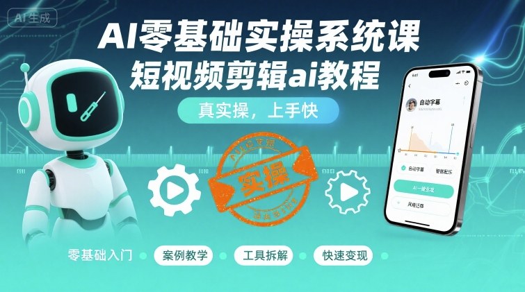 AI零基础实操系统课，短视频剪辑ai教程，真实操，上手快网赚库-项目库-轻创网-中创网-福缘网-冒泡网-资源之家-魔方项目库网赚库