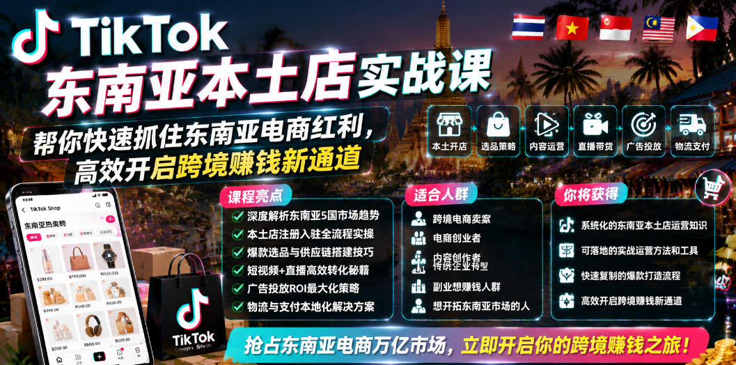 TikTok东南亚本土店实战课，帮你快速抓住东南亚电商红利，高效开启跨境賺钱新通道网赚库-项目库-轻创网-中创网-福缘网-冒泡网-资源之家-魔方项目库网赚库