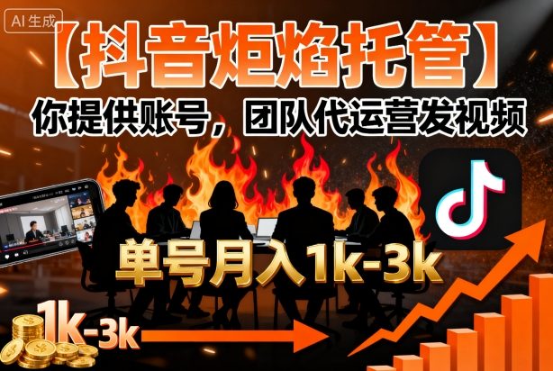 【抖音炬焰托管】你提供账号，团队代运营发视频，单号月入1k+【揭秘】网赚库-项目库-轻创网-中创网-福缘网-冒泡网-资源之家-魔方项目库网赚库