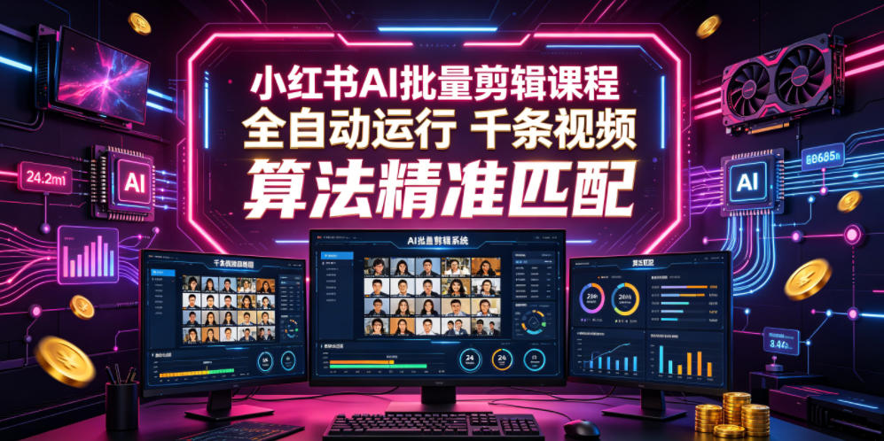 小红书AI批量剪辑课程，24小时全自动运行，解放双手专注运营，千条视频批量处理，小红书算法精准匹配网赚库-项目库-轻创网-中创网-福缘网-冒泡网-资源之家-魔方项目库网赚库