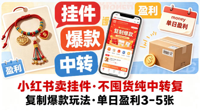 小红书卖挂件，不囤货纯中转复制爆款玩法，单日盈利3-5张网赚库-项目库-轻创网-中创网-福缘网-冒泡网-资源之家-魔方项目库网赚库