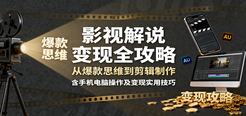 影视解说变现全攻略：从爆款思维到剪辑制作，含手机电脑操作及变现实用技巧网赚库-项目库-轻创网-中创网-福缘网-冒泡网-资源之家-魔方项目库网赚库
