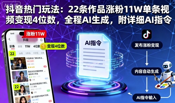 抖音热门玩法：22条作品涨粉11W单条视频变现4位数，全程AI生成，附详细AI指令网赚库-项目库-轻创网-中创网-福缘网-冒泡网-资源之家-魔方项目库网赚库