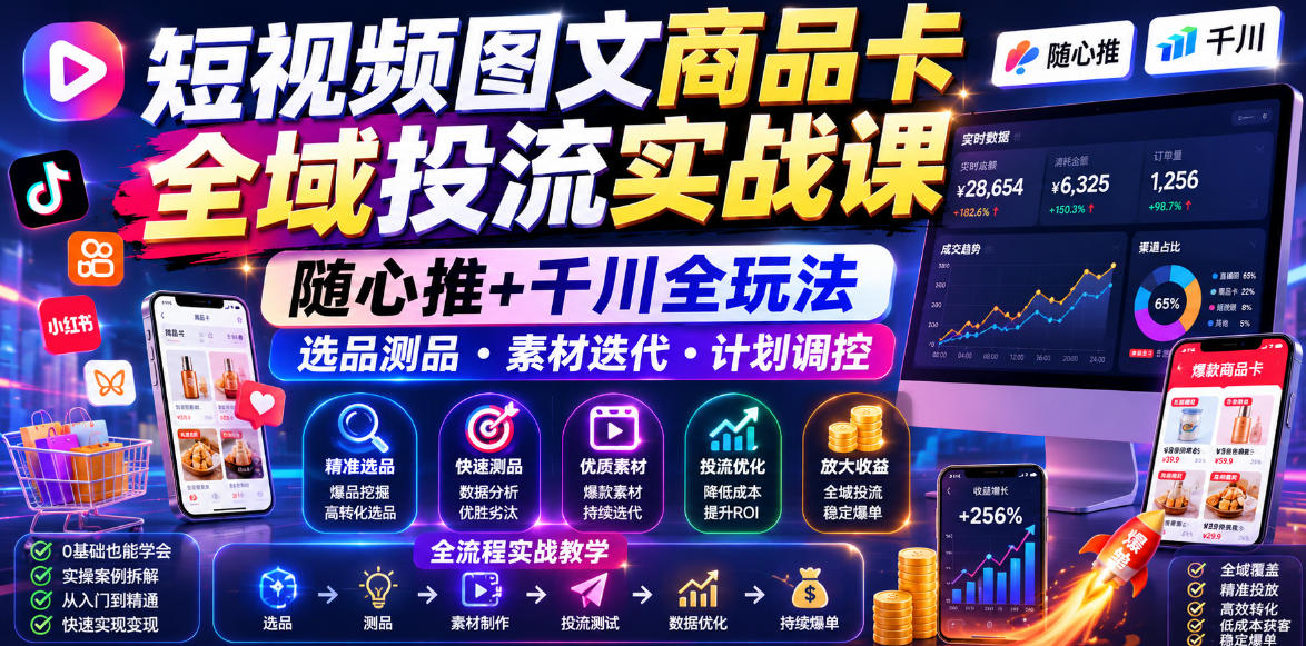 短视频图文商品卡全域投流实战课，随心推+千川全玩法，选品测品・素材迭代・计划调控，提升ROI爆单增收教程网赚库-项目库-轻创网-中创网-福缘网-冒泡网-资源之家-魔方项目库网赚库