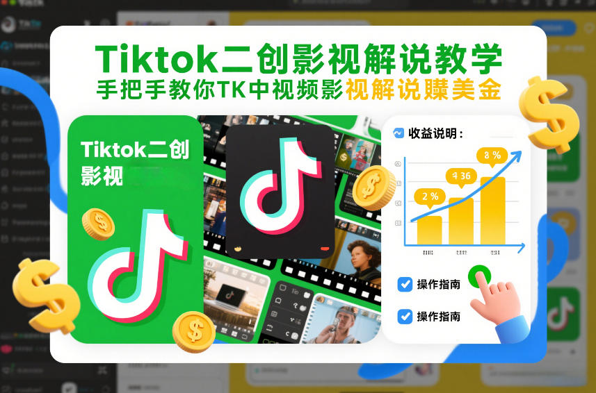Tiktok二创影视解说教学，手把手教你TK中视频影视解说賺美金(更新26年1月)网赚库-项目库-轻创网-中创网-福缘网-冒泡网-资源之家-魔方项目库网赚库