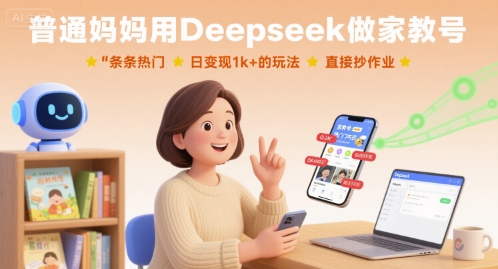 普通妈妈用Deepseek做家教号，条条热门，日变现1k+的玩法，直接抄作业网赚库-项目库-轻创网-中创网-福缘网-冒泡网-资源之家-魔方项目库网赚库