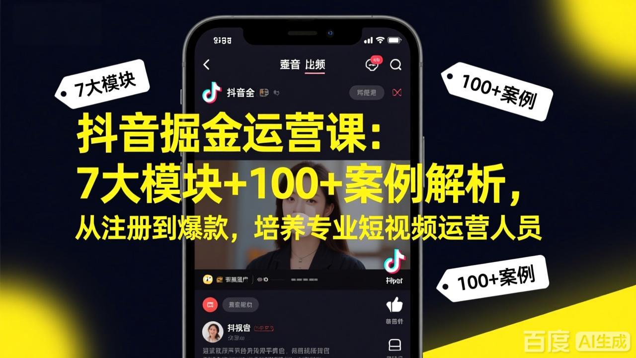 抖音掘金运营课：7大模块+100+案例解析，从注册到爆款，培养专业短视频运营人员网赚库-项目库-轻创网-中创网-福缘网-冒泡网-资源之家-魔方项目库网赚库