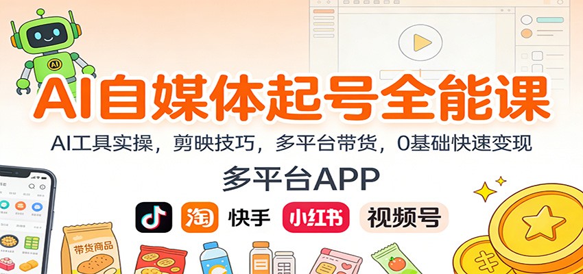 AI自媒体起号全能课：AI工具实操，剪映技巧，多平台带货，0基础快速变现网赚库-项目库-轻创网-中创网-福缘网-冒泡网-资源之家-魔方项目库网赚库
