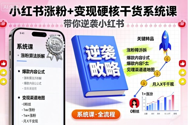 小红书涨粉+变现硬核干货系统课，带你逆袭小红书网赚库-项目库-轻创网-中创网-福缘网-冒泡网-资源之家-魔方项目库网赚库