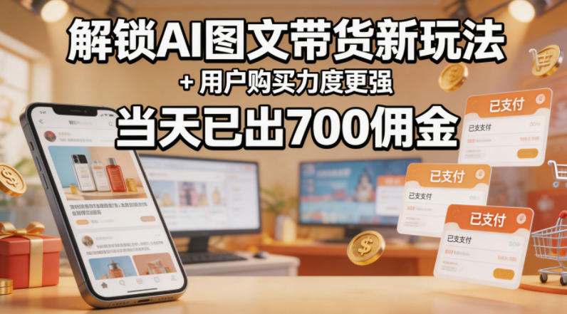 解锁ai图文带货新玩法+用户购买力度更强，当天已出700佣金，详细拆解网赚库-项目库-轻创网-中创网-福缘网-冒泡网-资源之家-魔方项目库网赚库