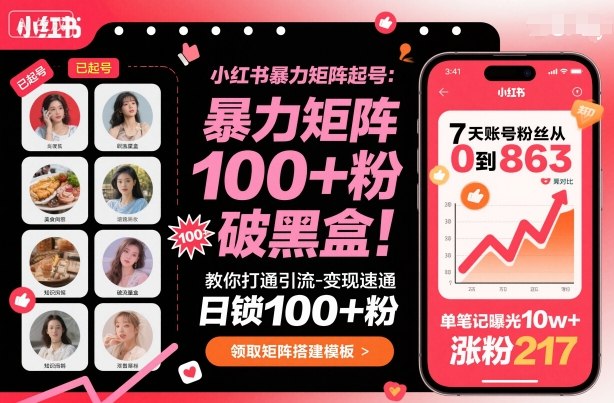 小红书暴力矩阵起号，教你打通引流-变现速通，日锁100+粉，破流量黑盒网赚库-项目库-轻创网-中创网-福缘网-冒泡网-资源之家-魔方项目库网赚库