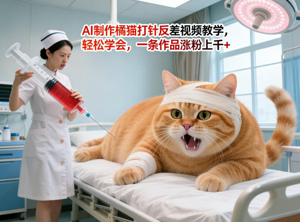 AI制作橘猫打针反差视频教学，轻松学会，一条作品涨粉上千+网赚库-项目库-轻创网-中创网-福缘网-冒泡网-资源之家-魔方项目库网赚库