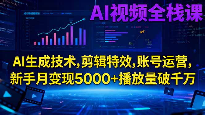 AI视频全栈课:AI生成技术,剪辑特效,账号运营,新手月变现5000+播放量破千万网赚库-项目库-轻创网-中创网-福缘网-冒泡网-资源之家-魔方项目库网赚库