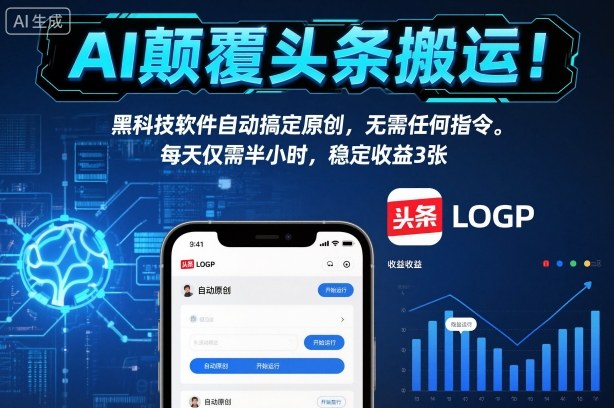 AI颠覆头条搬运！黑科技软件自动搞定原创，无需任何指令。每天仅需半小时，稳定收益3张【揭秘】网赚库-项目库-轻创网-中创网-福缘网-冒泡网-资源之家-魔方项目库网赚库