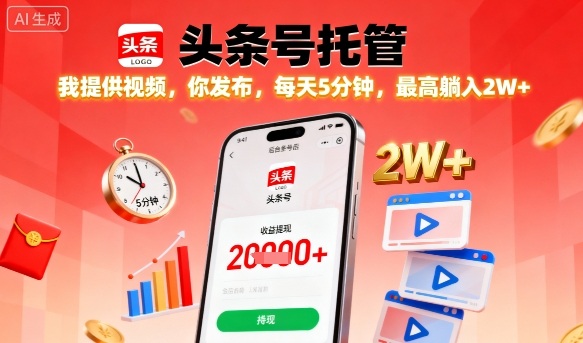 【头条号托管】我提供视频，你发布，每天5分钟，最高躺入2W+【揭秘】网赚库-项目库-轻创网-中创网-福缘网-冒泡网-资源之家-魔方项目库网赚库