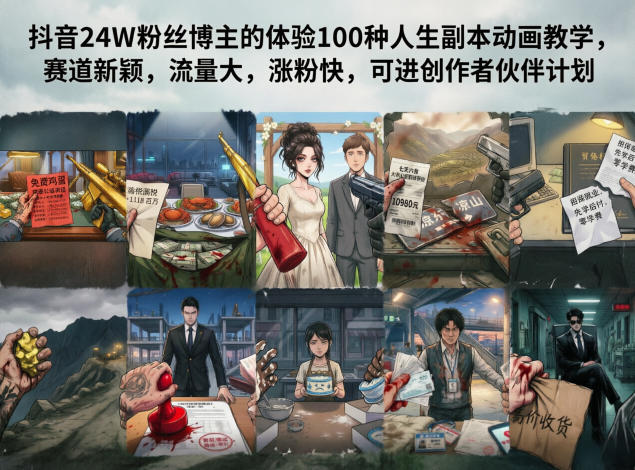抖音24W粉丝博主的体验100种人生副本动画教学,赛道新颖,流量大,涨粉快,可进创作者伙伴计划网赚库-项目库-轻创网-中创网-福缘网-冒泡网-资源之家-魔方项目库网赚库