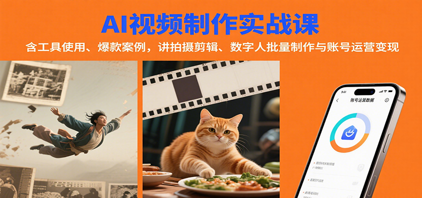 AI视频制作实战：含工具使用、爆款案例，讲拍摄剪辑、数字人批量制作与账号运营变现网赚库-项目库-轻创网-中创网-福缘网-冒泡网-资源之家-魔方项目库网赚库