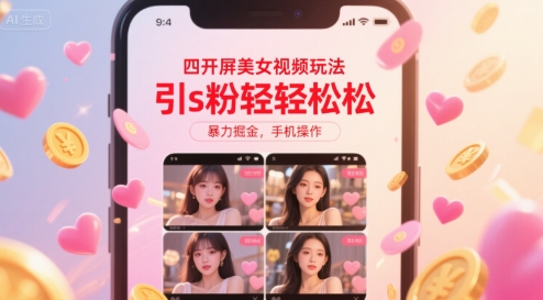 四开屏美女视频玩法，引s粉轻轻松松，暴力掘金，手机操作【揭秘】网赚库-项目库-轻创网-中创网-福缘网-冒泡网-资源之家-魔方项目库网赚库