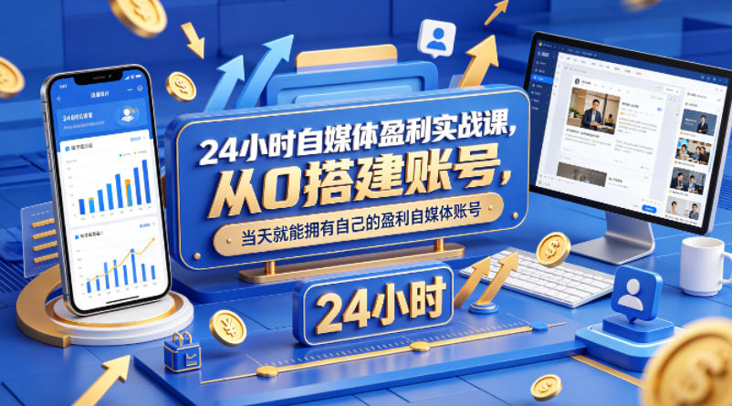 24小时自媒体盈利实战课，从0搭建账号，当天就能拥有自己的盈利自媒体账号网赚库-项目库-轻创网-中创网-福缘网-冒泡网-资源之家-魔方项目库网赚库