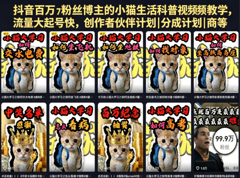 抖音百万粉丝博主的小猫生活科普视频教学,流量大起号快,创作者伙伴计划|分成计划|商单|收徒等网赚库-项目库-轻创网-中创网-福缘网-冒泡网-资源之家-魔方项目库网赚库