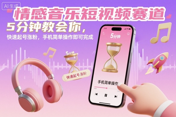 情感音乐短视频赛道，5分钟教会你，快速起号涨粉，手机简单操作即可完成网赚库-项目库-轻创网-中创网-福缘网-冒泡网-资源之家-魔方项目库网赚库