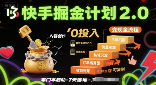 快手掘金计划2.0，快手电商变现全流程，简单可复制，0投入网赚库-项目库-轻创网-中创网-福缘网-冒泡网-资源之家-魔方项目库网赚库