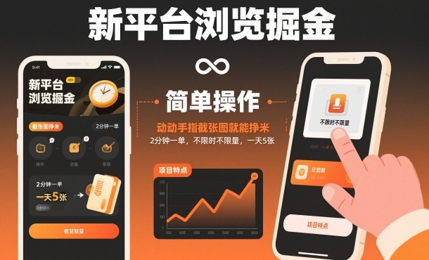 新平台浏览掘金，动动手指截张图就能挣米，2分钟一单，不限时不限量，一天5张【揭秘】网赚库-项目库-轻创网-中创网-福缘网-冒泡网-资源之家-魔方项目库网赚库