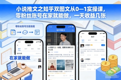 小说推文之知乎双图文从0—1实操课，零粉丝账号在家就能做，一天收益几张网赚库-项目库-轻创网-中创网-福缘网-冒泡网-资源之家-魔方项目库网赚库