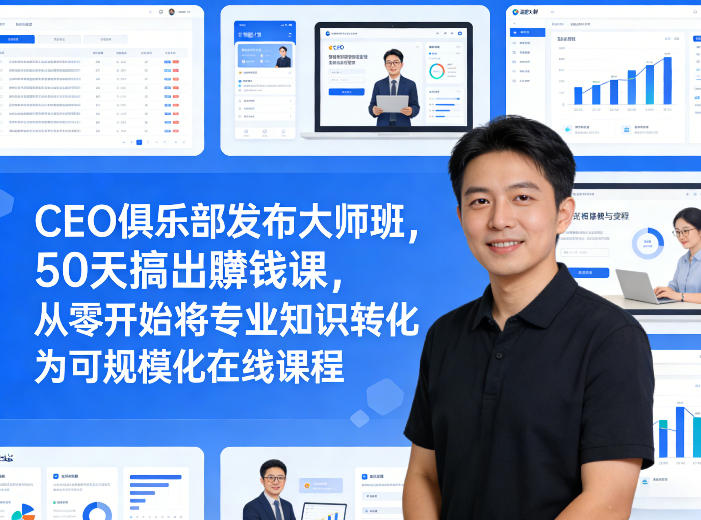 CEO俱乐部发布大师班，50天搞出賺钱课，从零开始将专业知识转化为可规模化在线课程网赚库-项目库-轻创网-中创网-福缘网-冒泡网-资源之家-魔方项目库网赚库