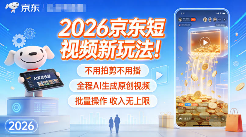 2026京东短视频新玩法！不用拍剪不用播，全程AI生成原创视频，批量操作收入无上限网赚库-项目库-轻创网-中创网-福缘网-冒泡网-资源之家-魔方项目库网赚库