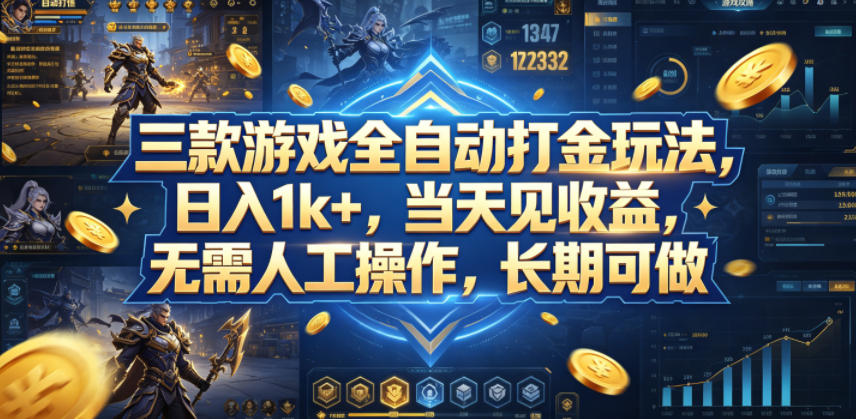 三款游戏全自动打金玩法,日入1k+,当天见收益,无需人工操作,长期可做【揭秘】网赚库-项目库-轻创网-中创网-福缘网-冒泡网-资源之家-魔方项目库网赚库