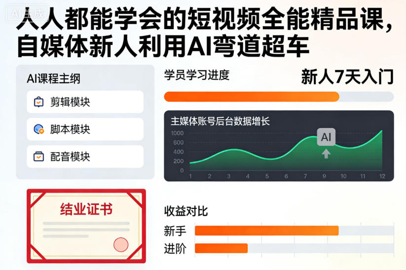 人人都能学会的短视频全能精品课，自媒体新人利用AI弯道超车网赚库-项目库-轻创网-中创网-福缘网-冒泡网-资源之家-魔方项目库网赚库
