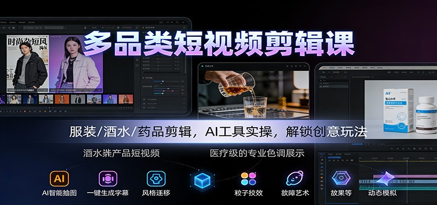 多品类短视频剪辑课：服装/酒水/药品剪辑，AI工具实操，解锁创意玩法网赚库-项目库-轻创网-中创网-福缘网-冒泡网-资源之家-魔方项目库网赚库