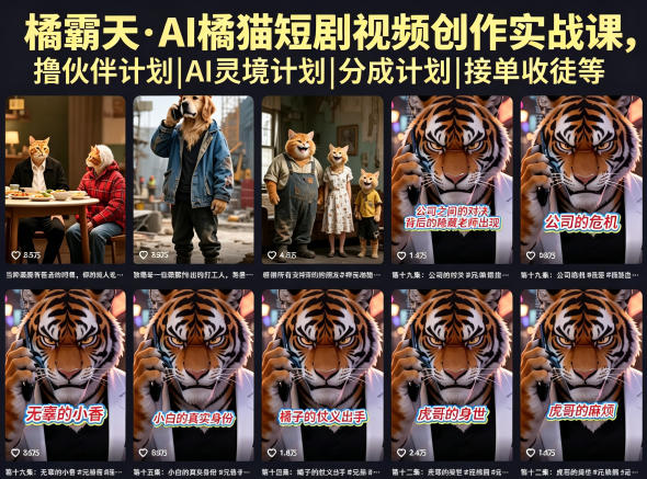 橘霸天·AI橘猫短剧视频创作实战课,撸伙伴计划|AI灵境计划|分成计划|接单收徒等网赚库-项目库-轻创网-中创网-福缘网-冒泡网-资源之家-魔方项目库网赚库