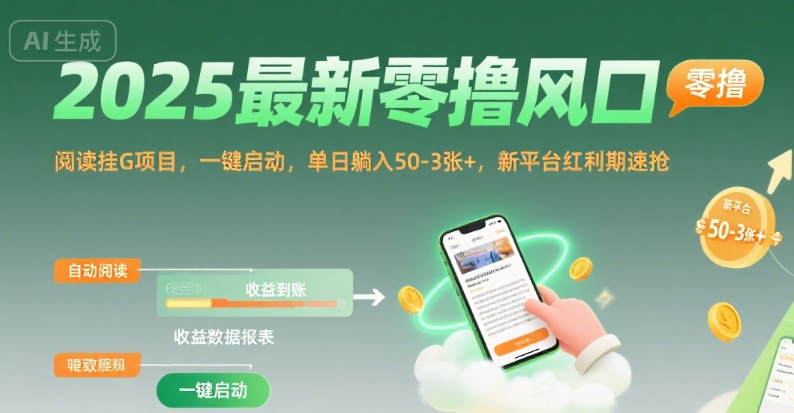 2025最新零撸风口，阅读挂G项目，一键启动，单日躺入 50-3张+，新平台红利期速抢【揭秘】网赚库-项目库-轻创网-中创网-福缘网-冒泡网-资源之家-魔方项目库网赚库